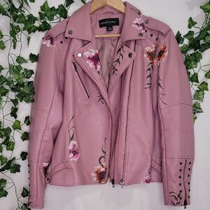 Colleen Lopez Pink Floral Embroidered Leather Jacket